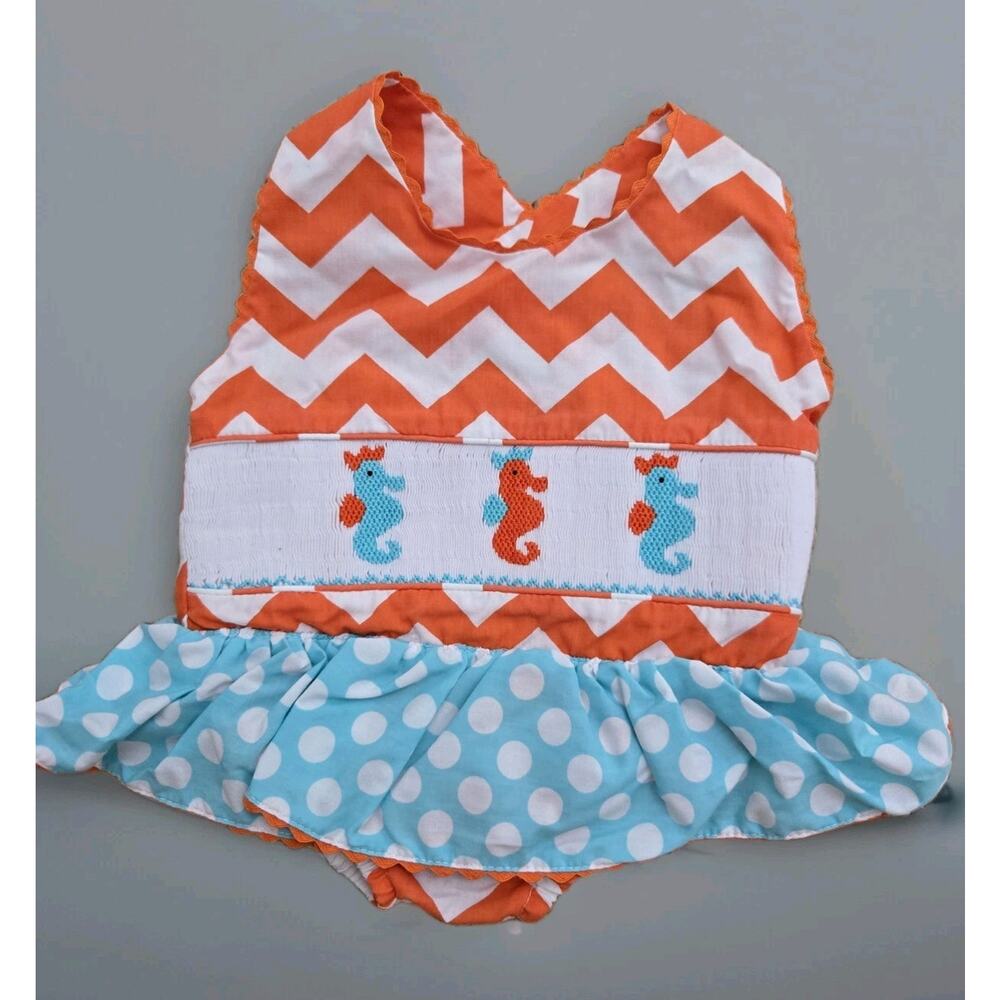 LOLLY WOLLY DOODLE Smocked Ruffle Chevron Orange Seahorse Overalls 6mos Summer